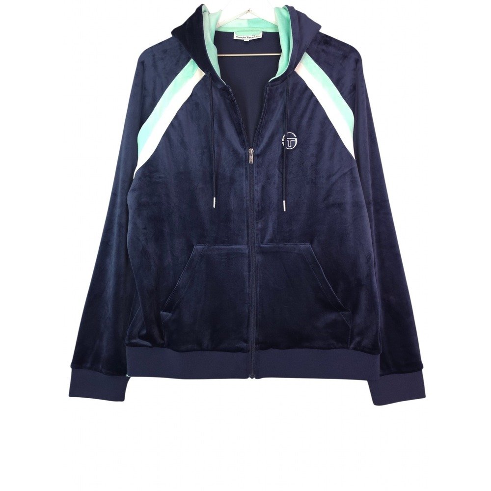 Sergio Tacchini Velour Hoodie Men Large Navy Blue Poly Spandex Full Zip Stripe